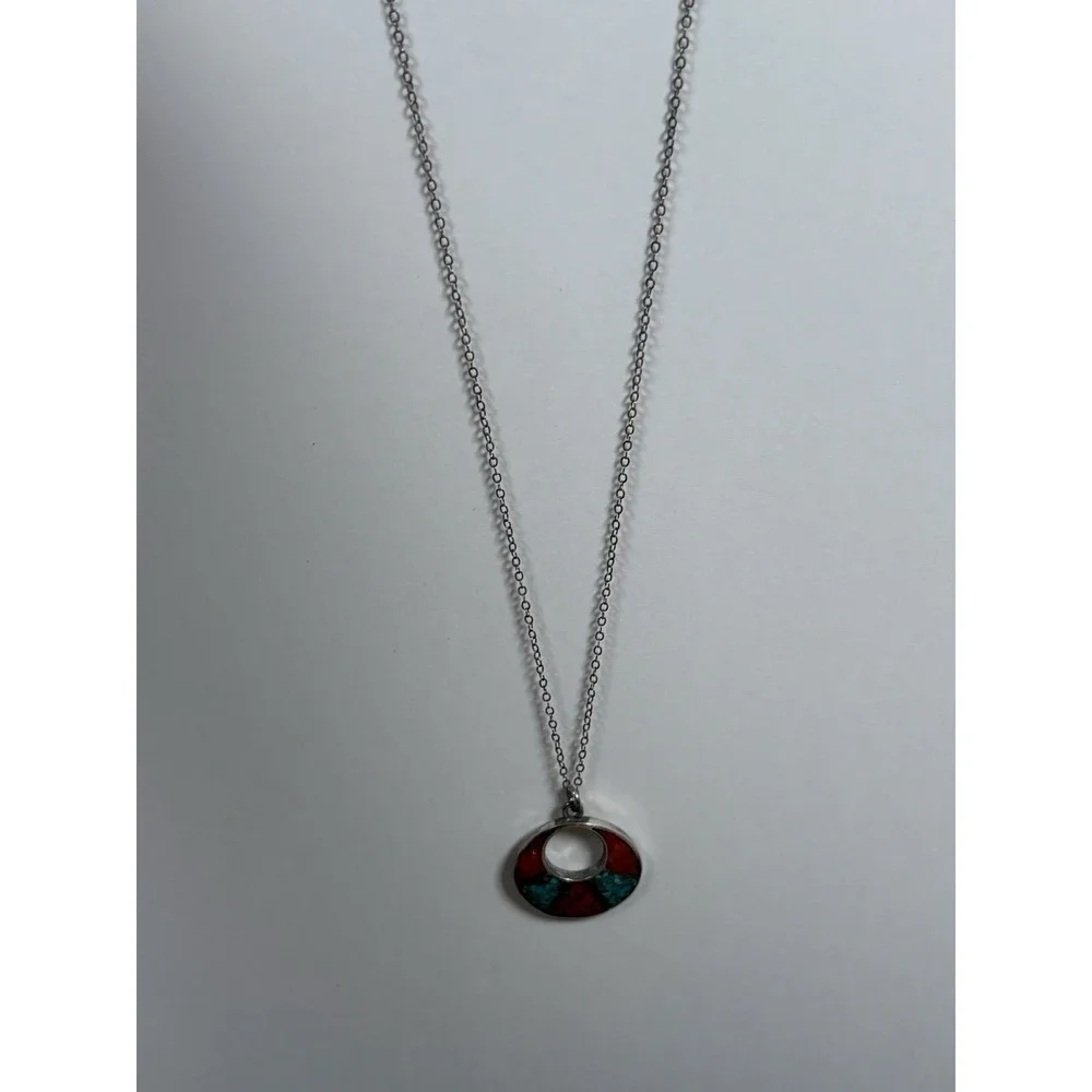 Vintage Sterling Silver Turquoise & Red Coral Chip Inlay Pendant Necklace